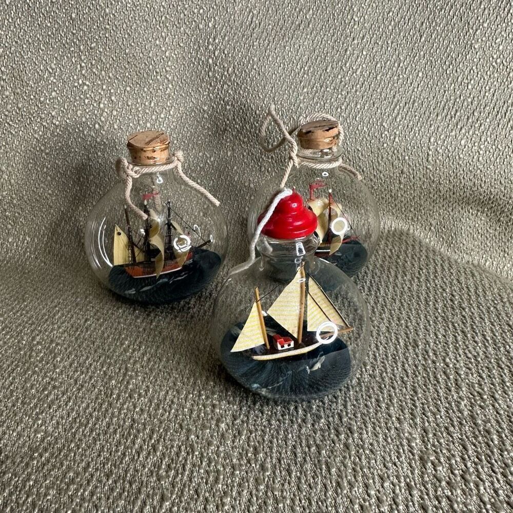 Ship in a bottle glass ball ornaments sailboat on the sea round Set of 3